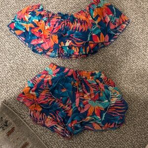 Ingear Teal Floral High-Waist Shorts - Pink & Orange Leaf Print